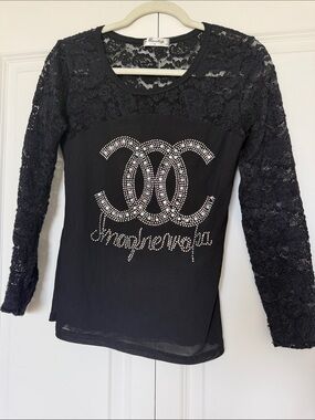 Black Lace-Sleeve Long Sleeve Tee with Rhinestone Logo
